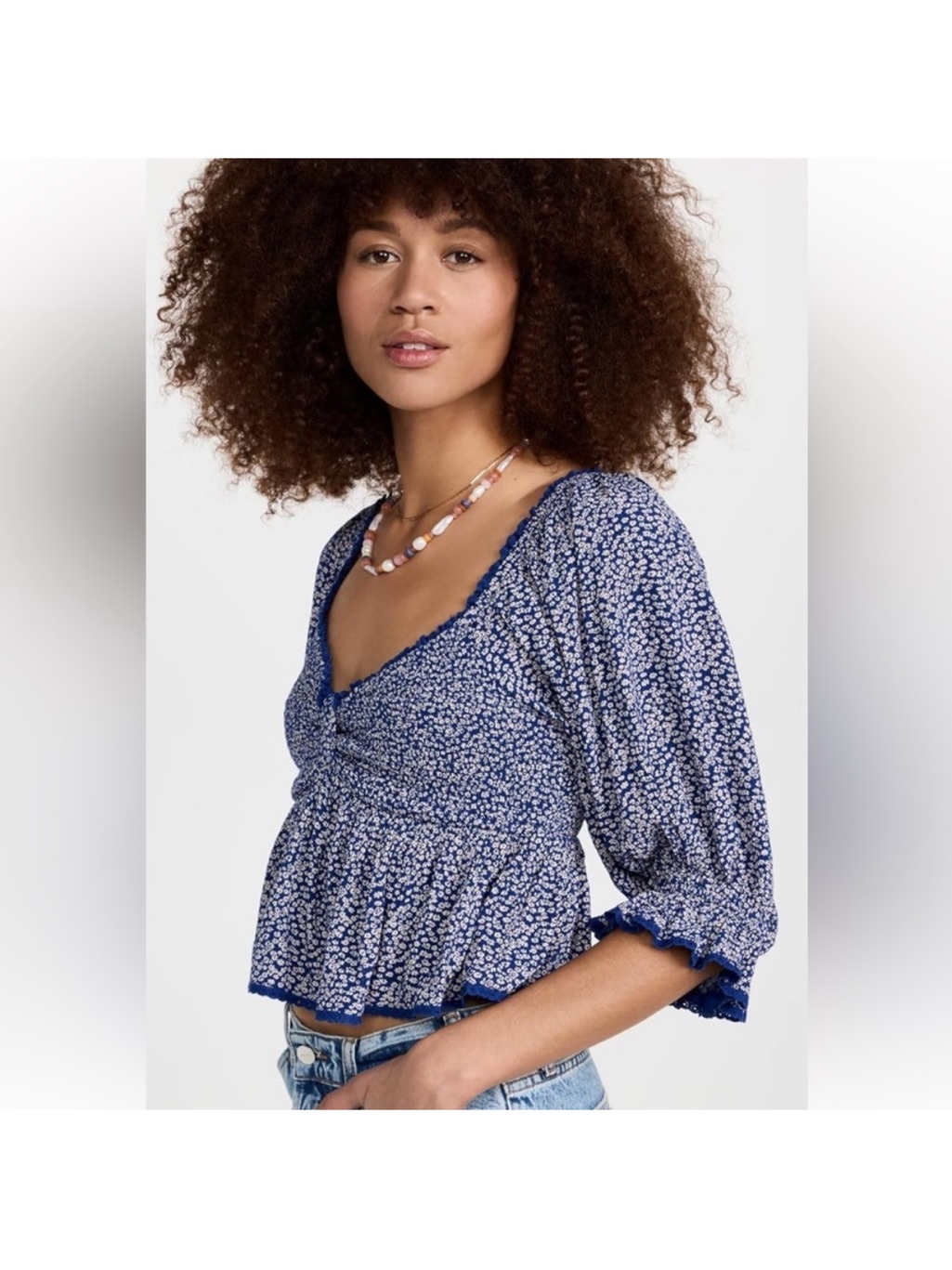 Free People Brittnee Print Smocked Peplum Crop Top Blue Combo Size Small